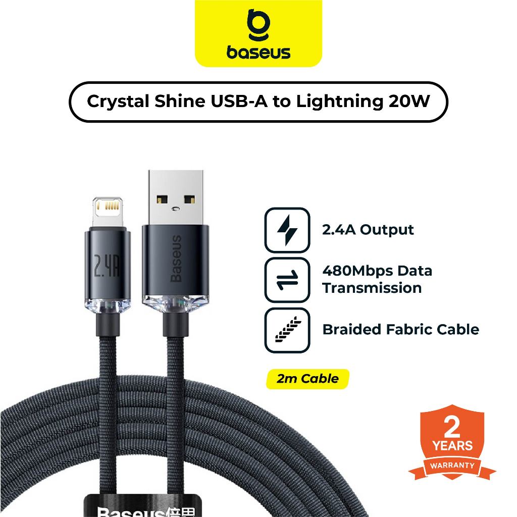 BASEUS Kabel Data iPhone Cable USB to Lightning  Crystal Shine Fast Charging 2.4A 2 Meter