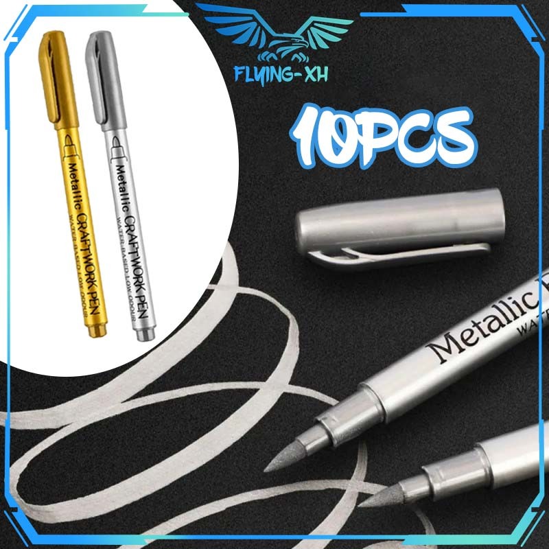 10pcs/Set Spidol Tinta Emas Permanen Metalik Pen Spidol Emas Dan Silver Paint Marker Pen Tinta Emas