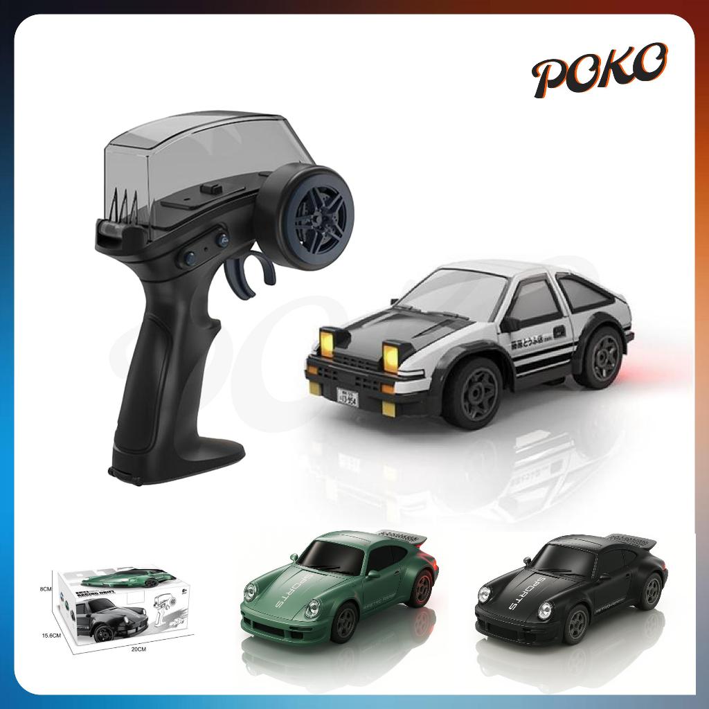 POKO Mobil RC Drift Mini 1/64, 4WD Kecepatan Tinggi - Remote Control AE86 dengan Lampu LED & Stiker 