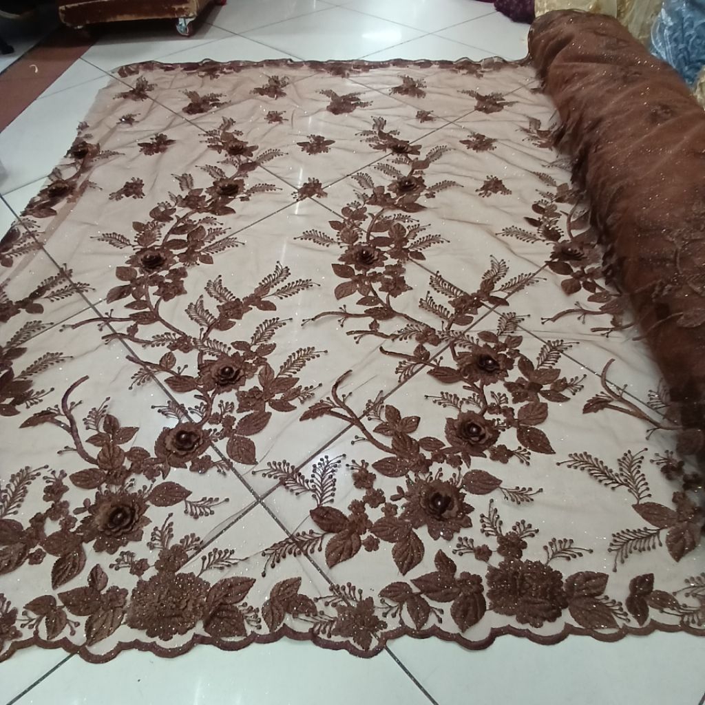 bahan kain tille tridy/ tille 3d timbul/tille bunga timbul/bordir gliter mutiar bunga timbul