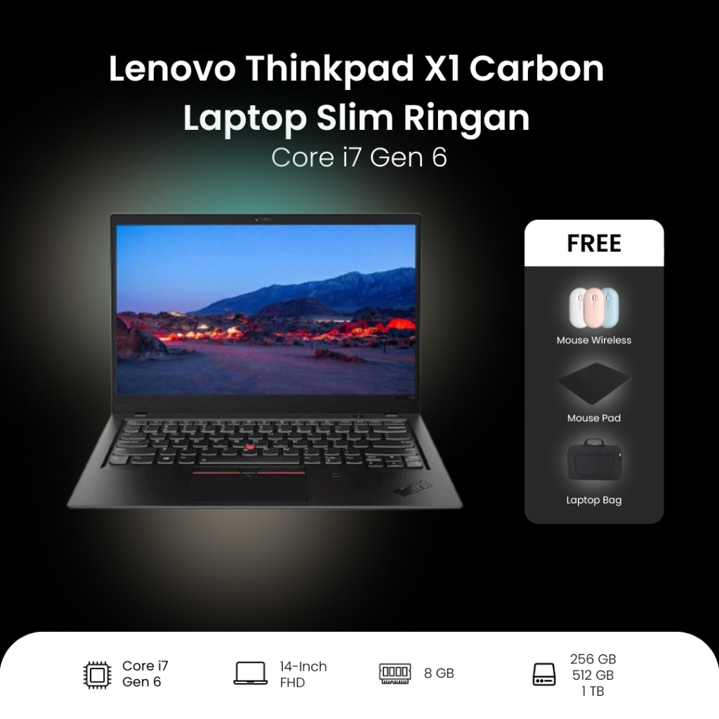 Lenovo Thinkpad X1 Carbon | Core i7 Gen 6 6600U | Laptop Slim Ringan