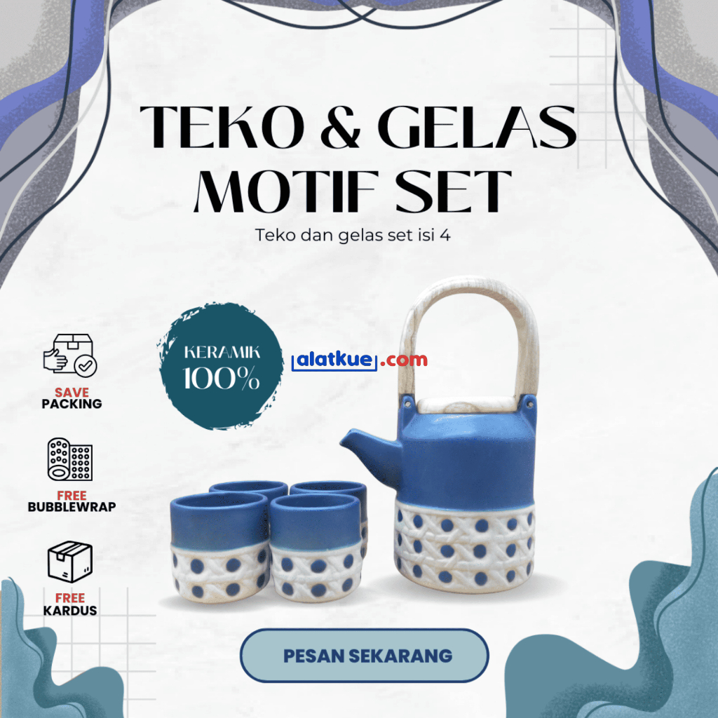 Set Teko & Gelas Motif Eksklusif – Keramik Mewah Isi 4 Gelas