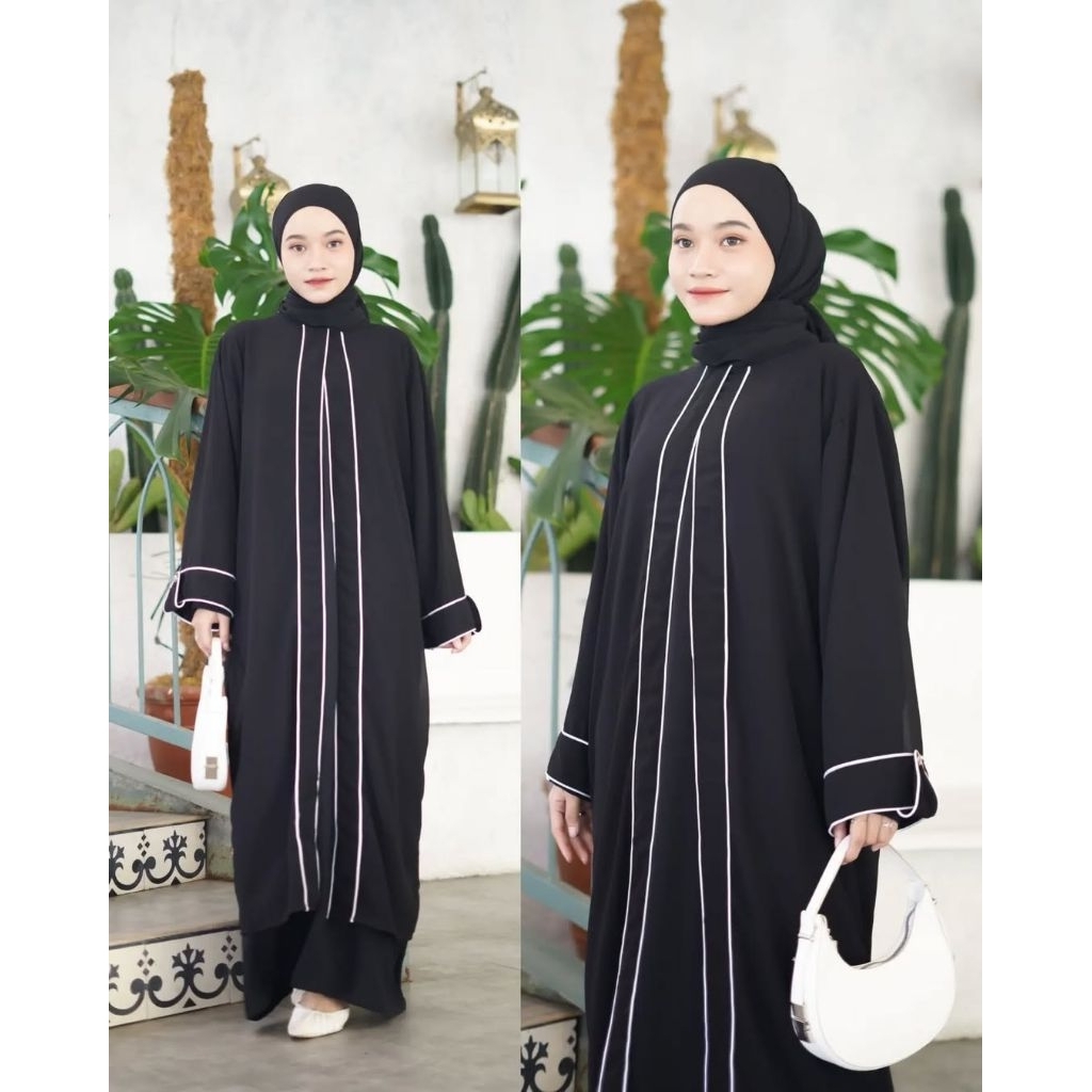YORI ABAYA SET Gamis Hitam Elegan Premium Garis Putih | Abaya Muslimah Long Dress Mewah Simple Modis
