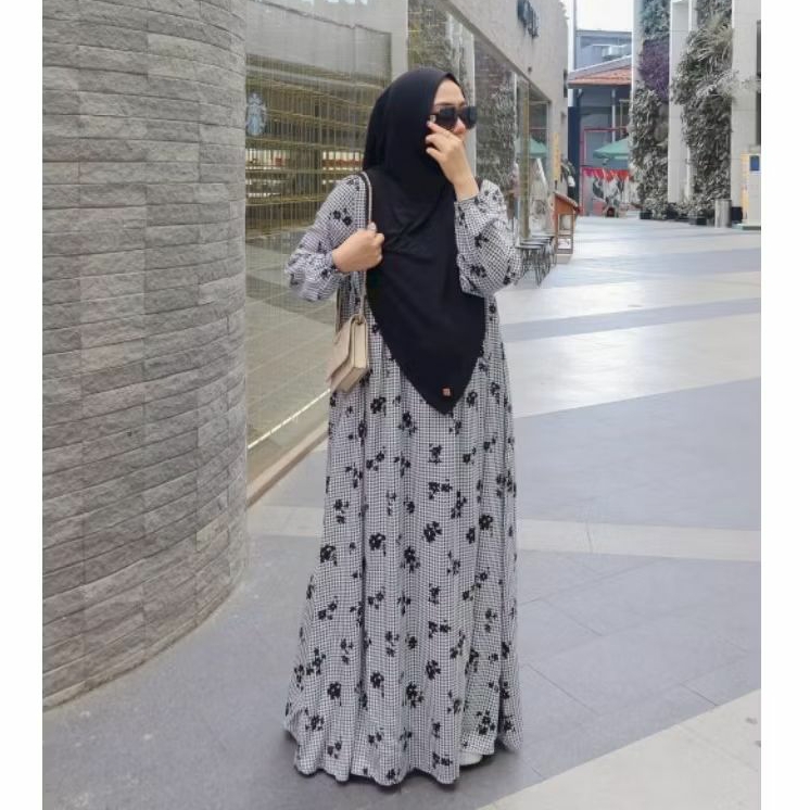 GAMIS BASIC FLORIST RAYON BY ZAFEETRI // GAMIS SYARI RAYON MOTIF HOUNDSTOOTH BUNGA