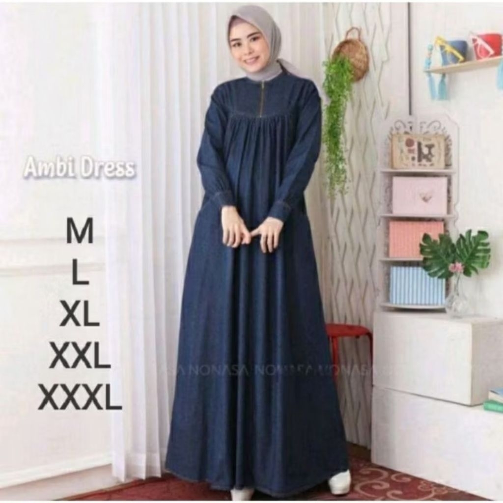 Cod # Ambi Dress Jeans Menyusui # Gamis Denim Wanita Maksi # Jumbo
