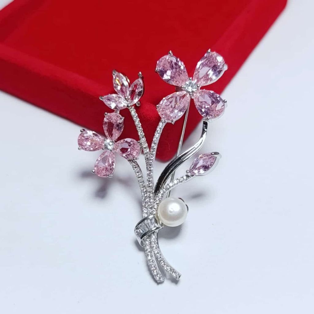 Bros Mutiara Tawar Asli Kombinasi Zircon Pink yang Menawan