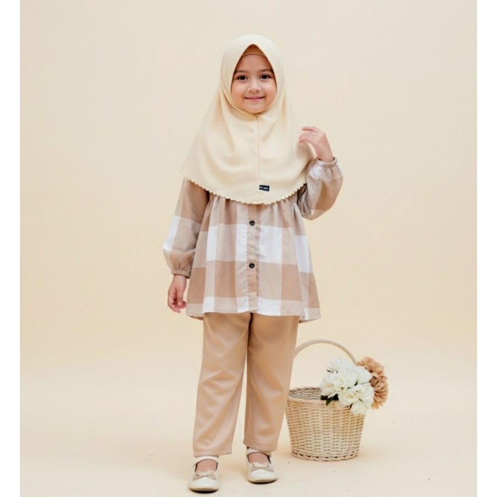 Setelan tunik anak perempuan zavina motif kotak-kotak usia 2-8 tahun baju anak muslim