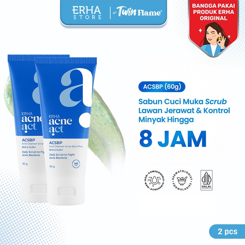 ERHA Twin Flame Acneact ACSBP Acne Cleanser Scrub Beta Plus 60g - Bundle Sabun Wajah Jerawat Berminy