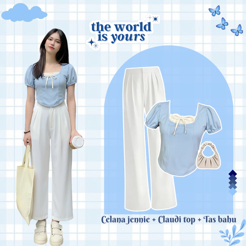 Outfit - Korean Fashion - One Set 3 in 1 - OOTD - Claudi Crop  Top + Celana Jennie + Tas Bahu UD120