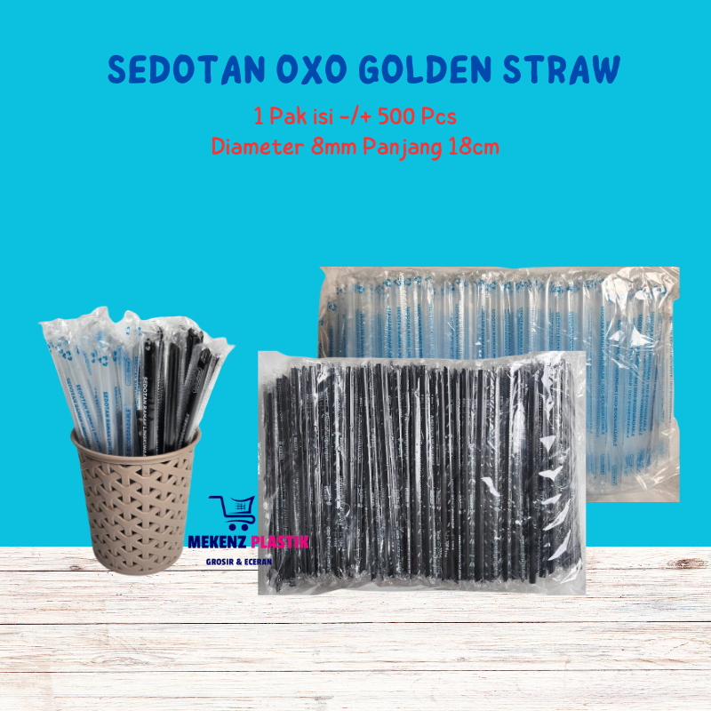500Pcs Sedotan Steril Hitam Bening Oxo Golden Straw 8mm 18cm  l Sedotan Plastik Lancip
