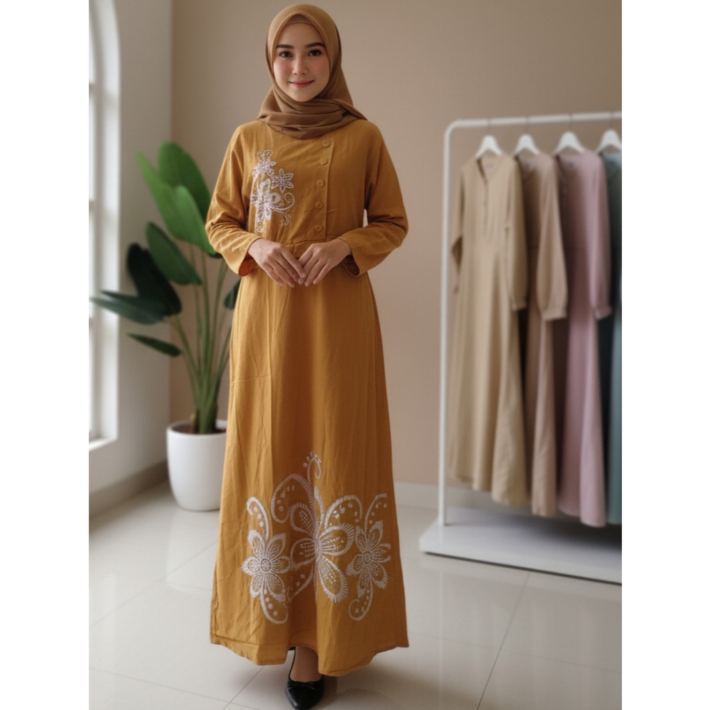 Gamis Katun Madina Shafir Motif Bungah Dress Lengan Panjang