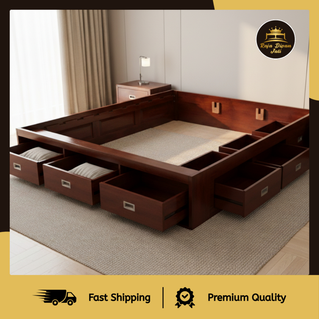 Dipan Lesehan Laci Jati Minimalis Kokoh Tempat Tidur Kasur Divan Kayu Solid Dipan Storage Samping