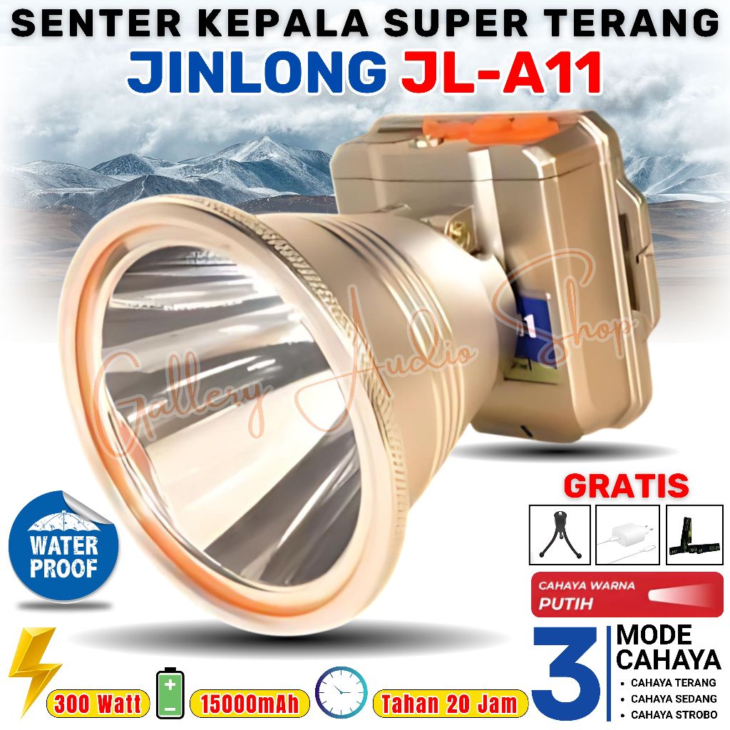 Senter Kepala Super Terang Jinlong JL-A11 300 Watt 15000 mAh Cahaya Putih Ring 100 / Headlamp Jinlon