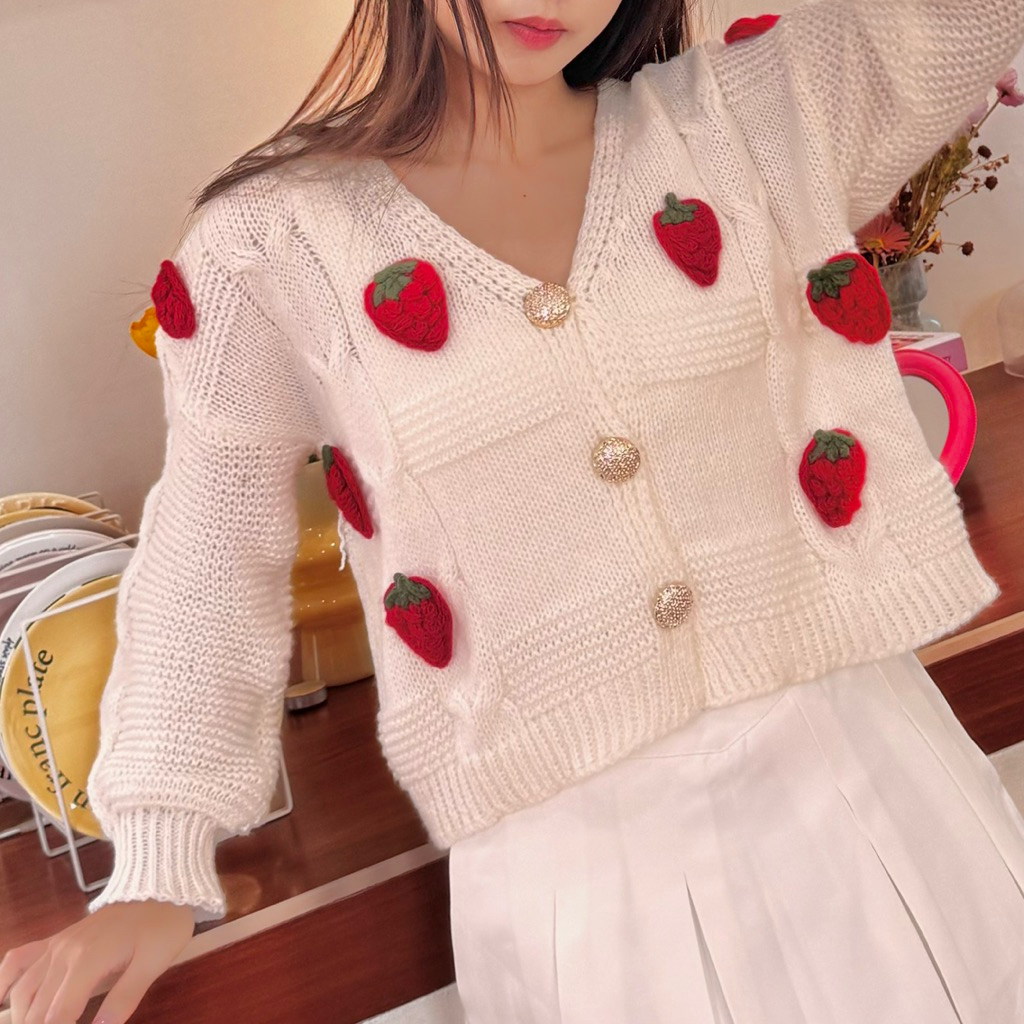 ( LUXOYEZ ) BISA INSTANT | Lizzy Korean Cardigan Top Knitted Premium stroberi Rajut i002