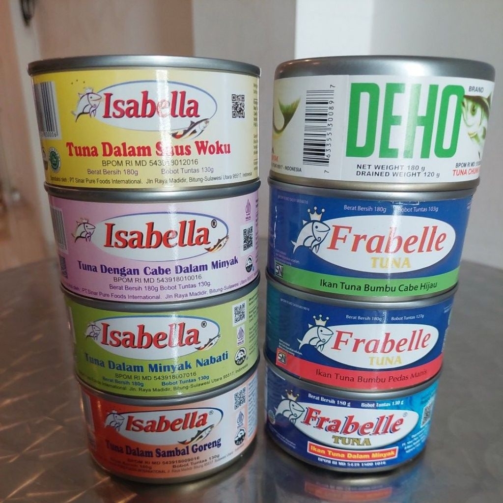 Tuna kaleng aneka merek isabella, deho, frabelle ( sambal goreng woku nabati cabe minyak ) TERLARIS