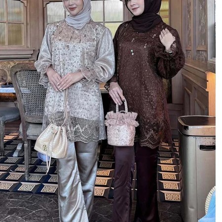 Dayana Oneset Tunik Celana Bahan Silk Brukat Tulle Mix Chantily Kondangan Stetelan 2in1 Celana