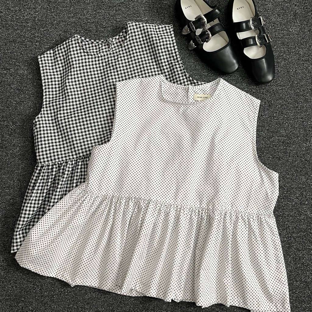 Inner Blouse Sleeveless "Elaya" LD 100-120 Atasan Wanita Rampel Putih Polkadot Kotak Kotak