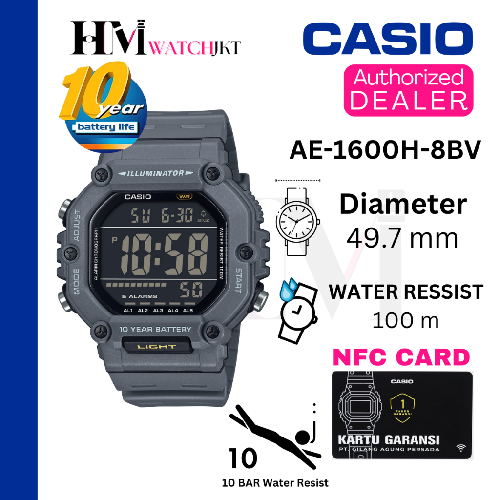 CASIO AE-1600H-8BVDF Jam Tangan Pria Original Digital Rubber Antiair AE-1600H-8BV AE-1600H