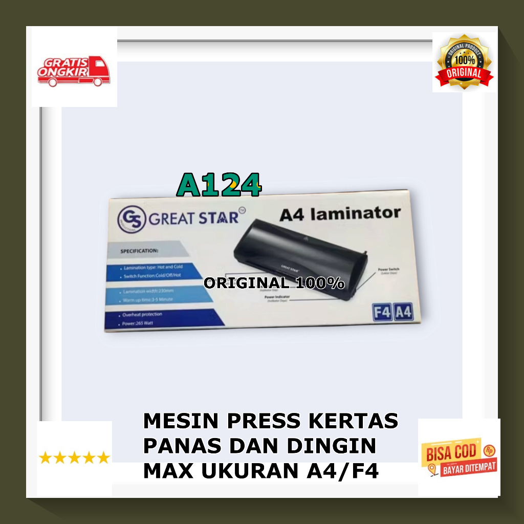 A124 MESIN  PRESS KERTAS PLASTIK PRES DOKUMEN LAMINATOR LAMINATING ORI 100% PANAS DINGIN MAX UKURAN 