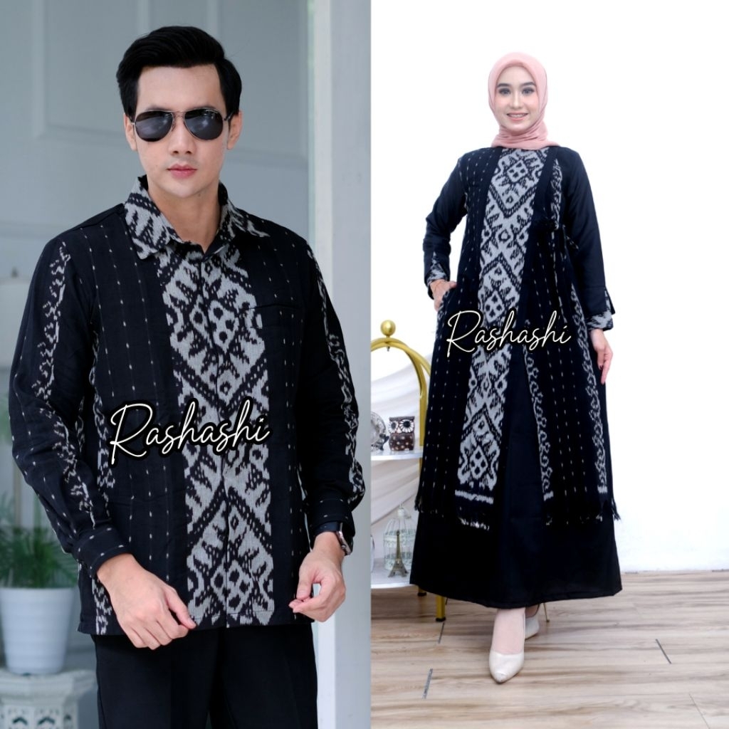 HILYA Coupel Gamis tenun troso kombinasi katun toyobo warna hitam gamis lebaran terbaru 2025