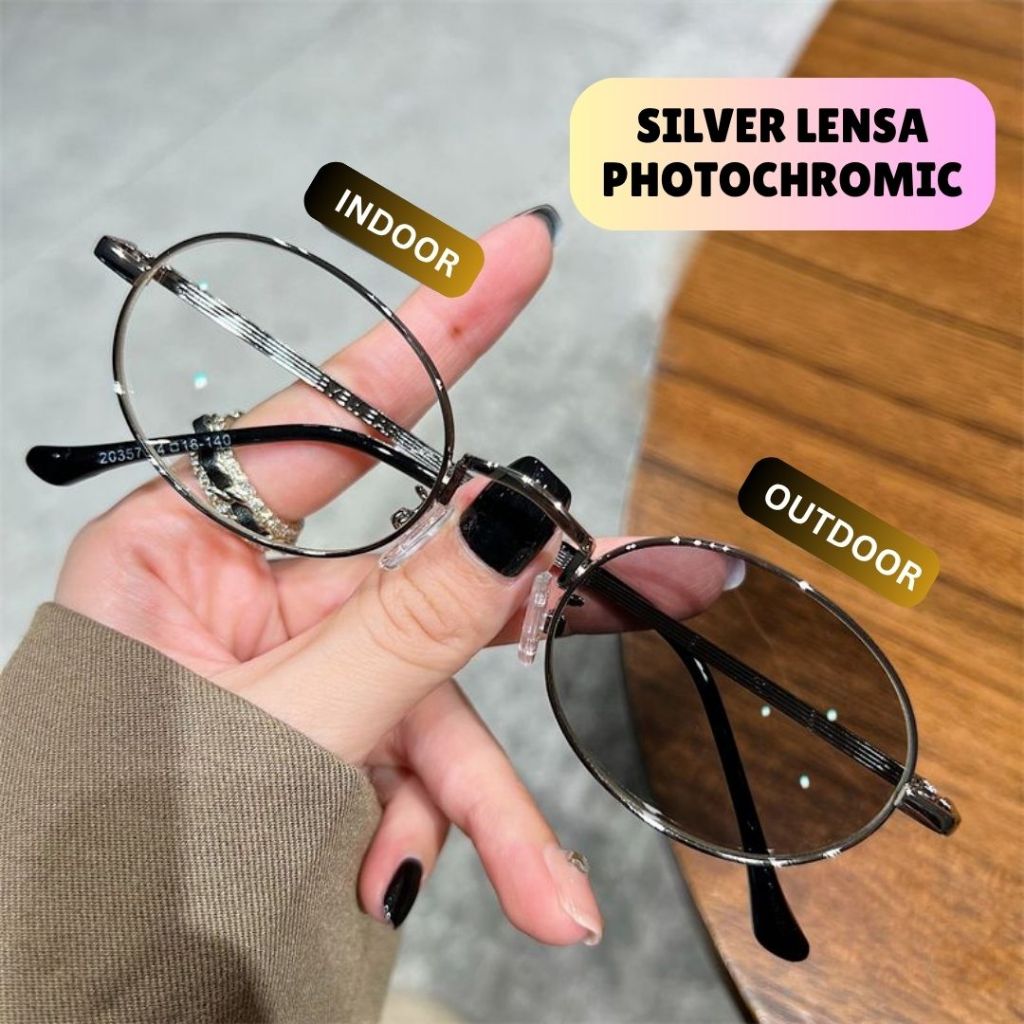 Kacamata Fashion Lensa Photochromic Bingkai Metal Lensa Oval Kecil Medium Anti Sinar Biru Anti Radia