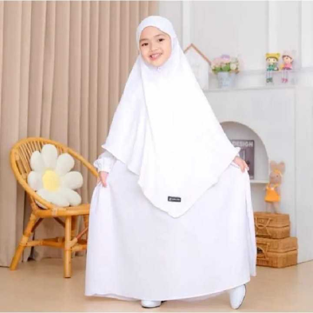 Gamis Syari Anak Crinkle Nabila Set Hijab Terbaru Viral Hitam / Putih Bisa untuk manasik haji umroh 