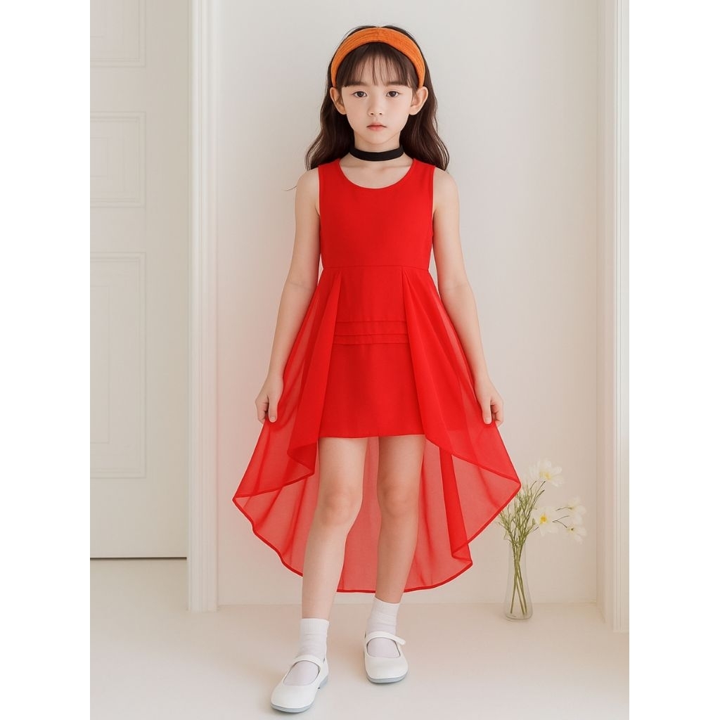 Dress Mermaid Kid Jialing Gaun Pesta Anak Edisi Natal Warna Merah Layer Ribbon Dress Usia 7-10Tahun 
