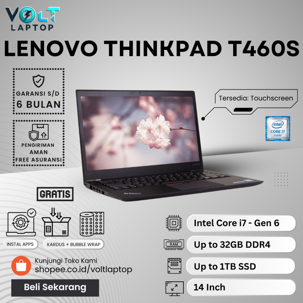 Laptop 14" Lenovo Thinkad T460s T460 Core i7 Gen 6 Touchscreen Ram 32GB SSD 1TB Second Bergaransi