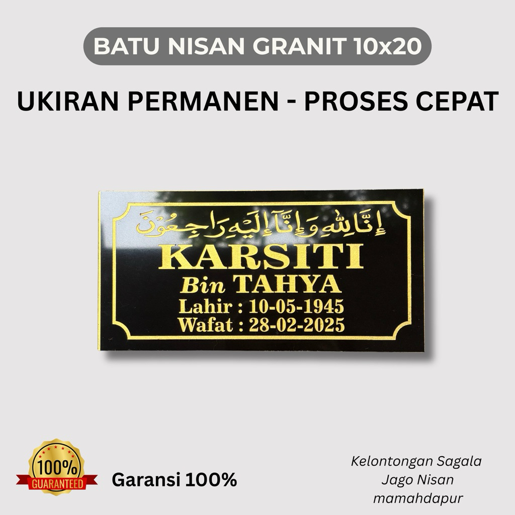 Lempengan Nama Batu Nisan Granit ukuran 10x20 Custom Nama Makam Islam Kristen