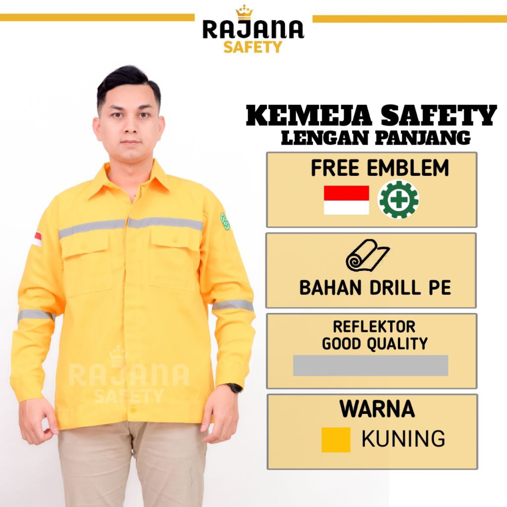 Rajana safety - baju safety lengan panjang warna kuning atasan kerja lapangan proyek bahan drill PE