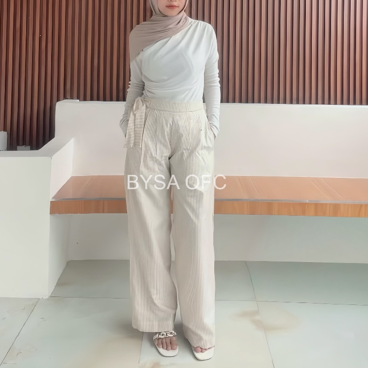 Celana panjang stripe pita wanita samping dengan furing - loose pants katun casual daily halus dingi