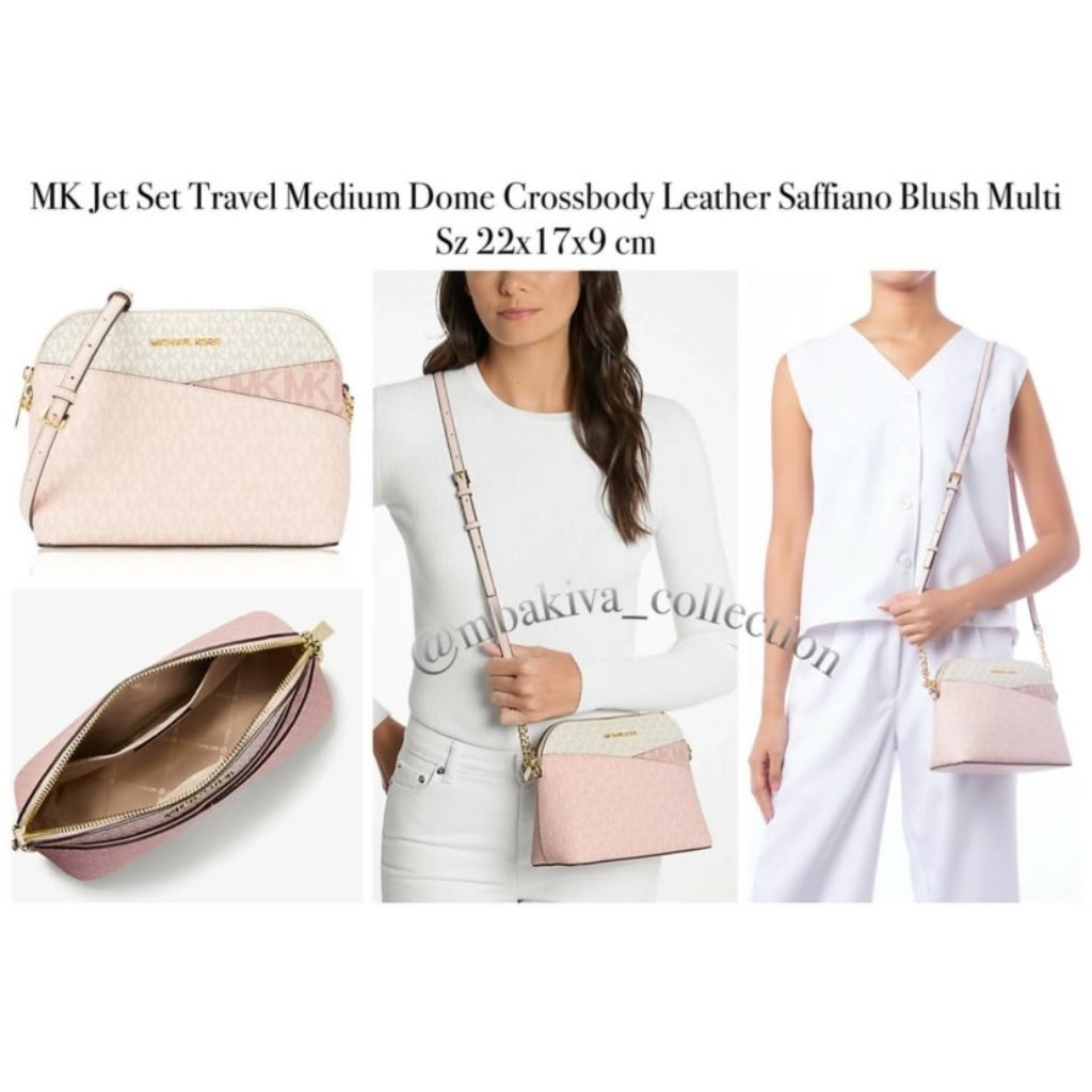 MK Jet Set Travel Medium Dome Crossbody Leather Saffiano Blush Multi