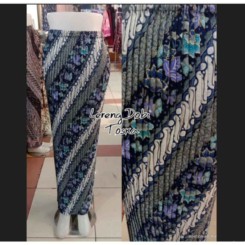 Rok Batik Wanita Model Plisket Bahan Semi Sutra Silky Motif Lereng Dobi Warna Tosca