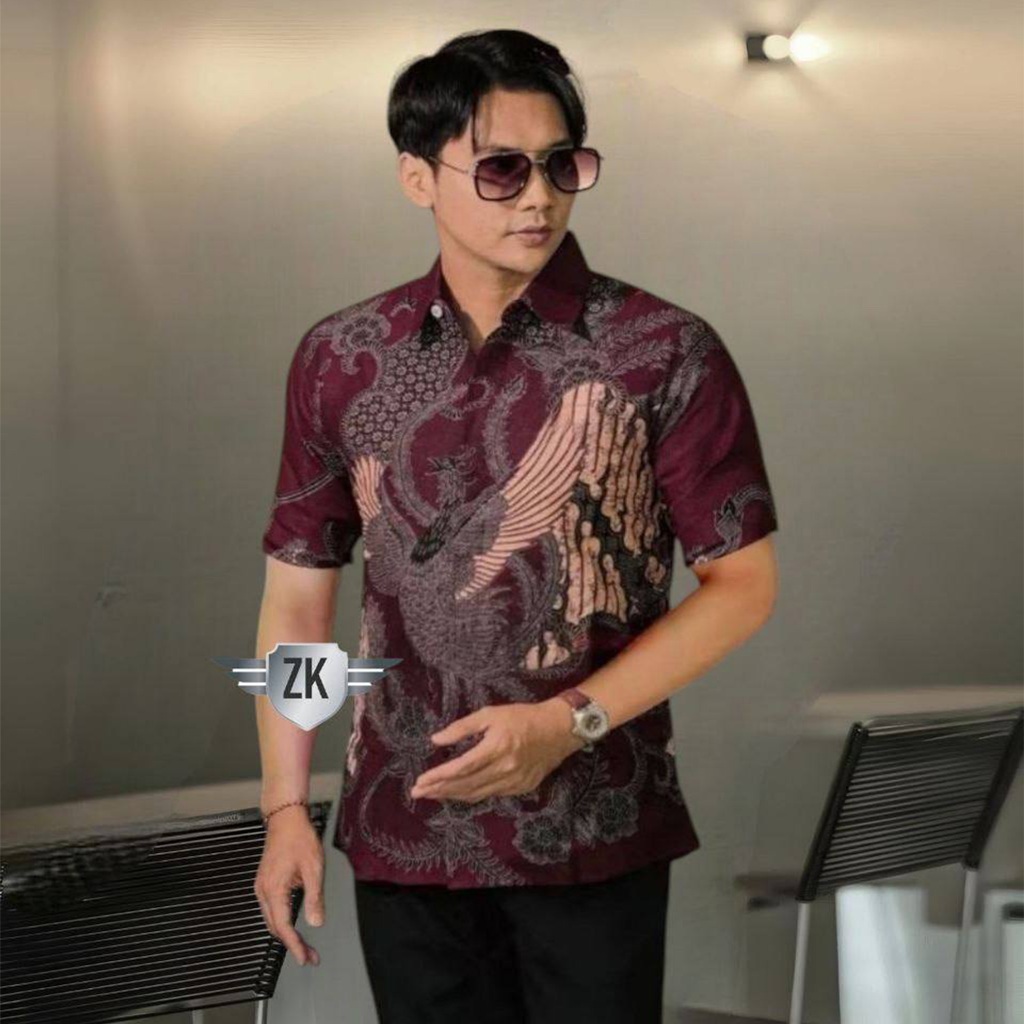 Kemeja Hem Baju Batik Pria Lengan Pendek motif Soang Maron Katun