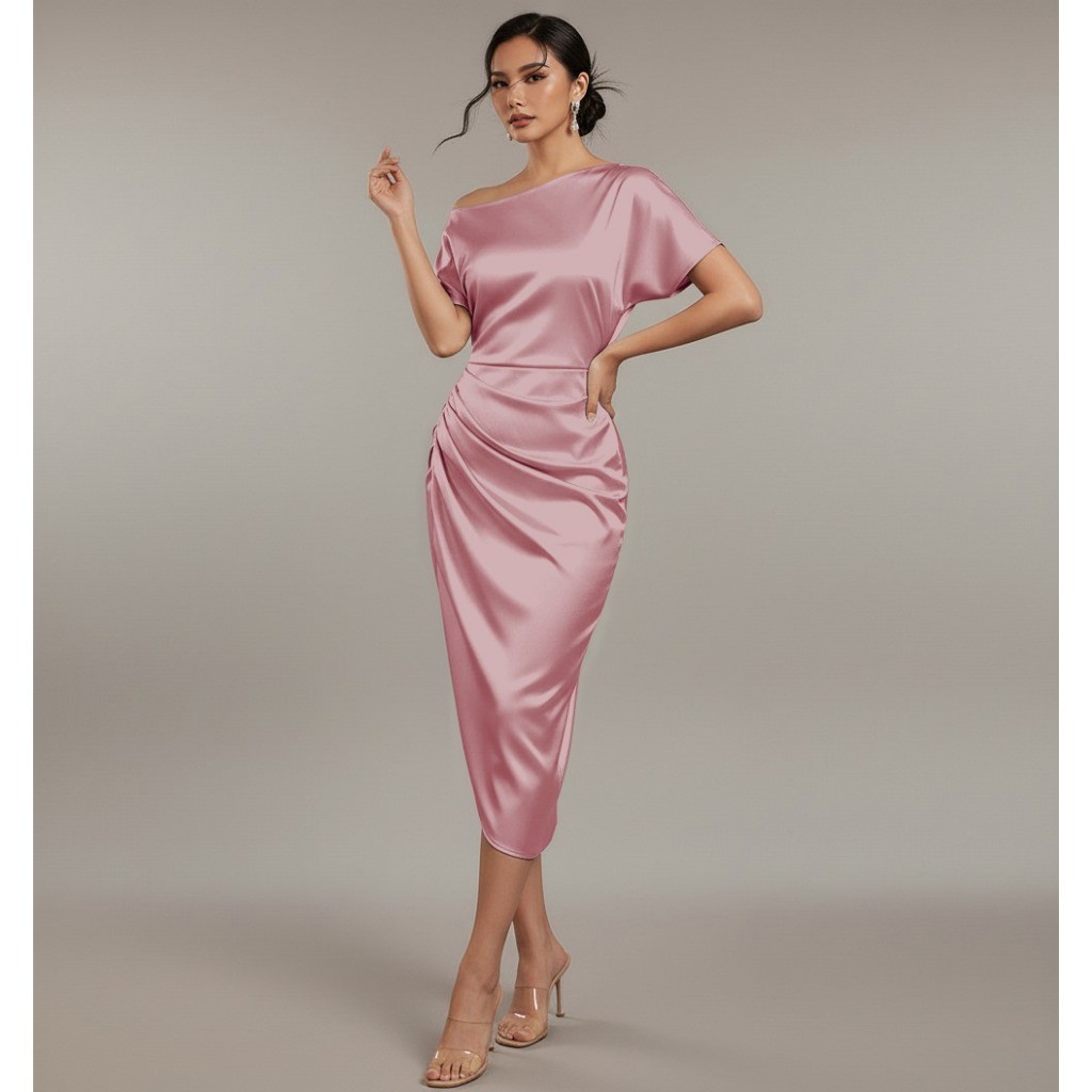 SB006 Dress Natal Gaun Wanita Gereja Dress Satin Polos Kasual Iris Midi Dress Serut Bridesmaid