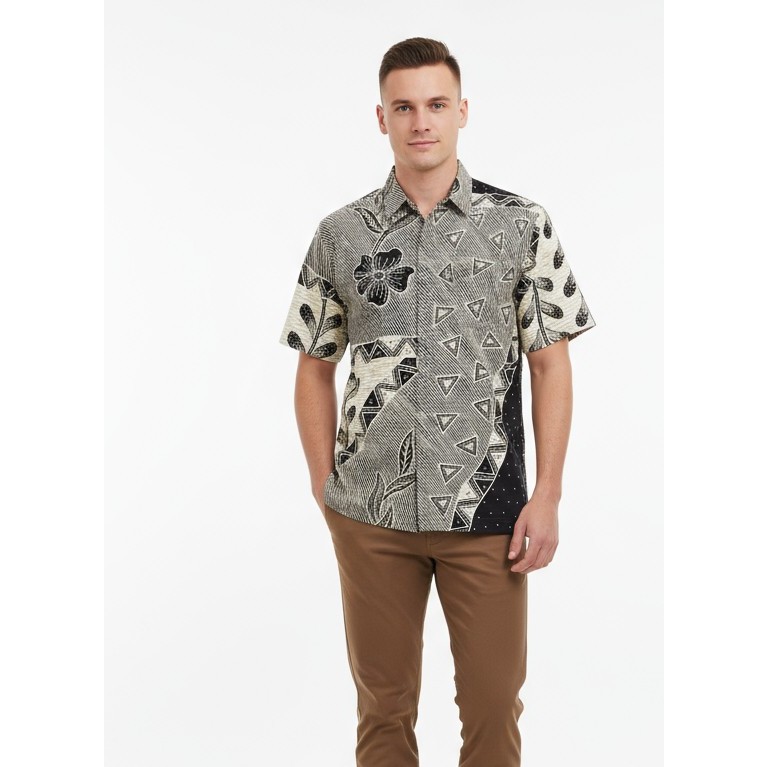 Kemeja Hem Batik Pria Lengan Pendek Hitam Putih 43 - Batik Nulaba
