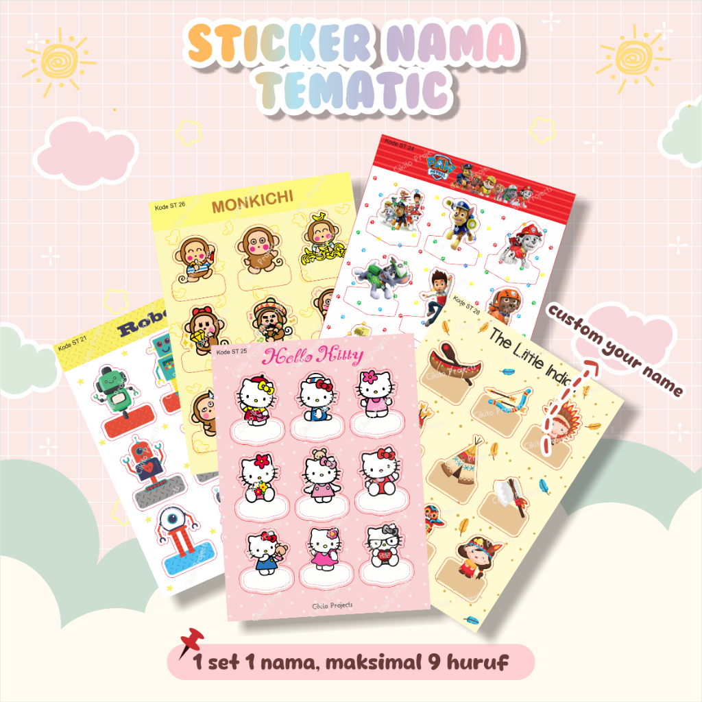 Label Nama Stiker Waterproof Anak Lucu Anti Air  Robot Cowboy HelloKitty Monkichi Panda Pinguin Prin
