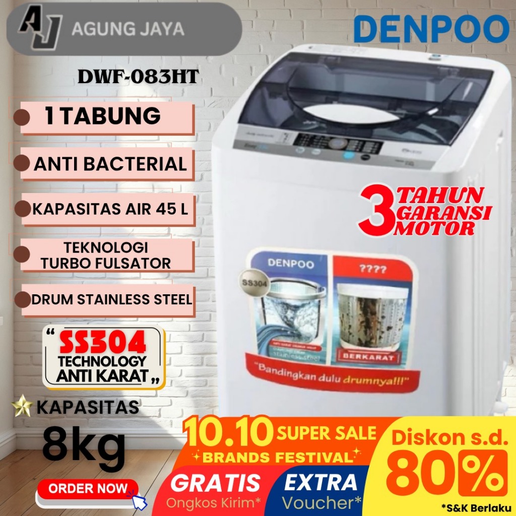 DENPOO MESIN CUCI 1 TABUNG DWF 083 (8KG)