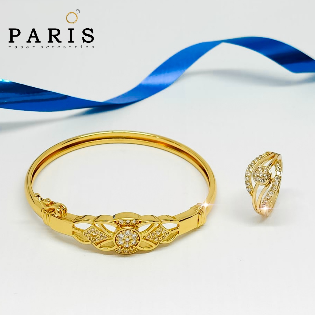 Gelang Bangle Free Cincin Motif Bunga Esmeralda Permata Perhiasan Wanita Remaja Dan Dewasa Lapis Ema