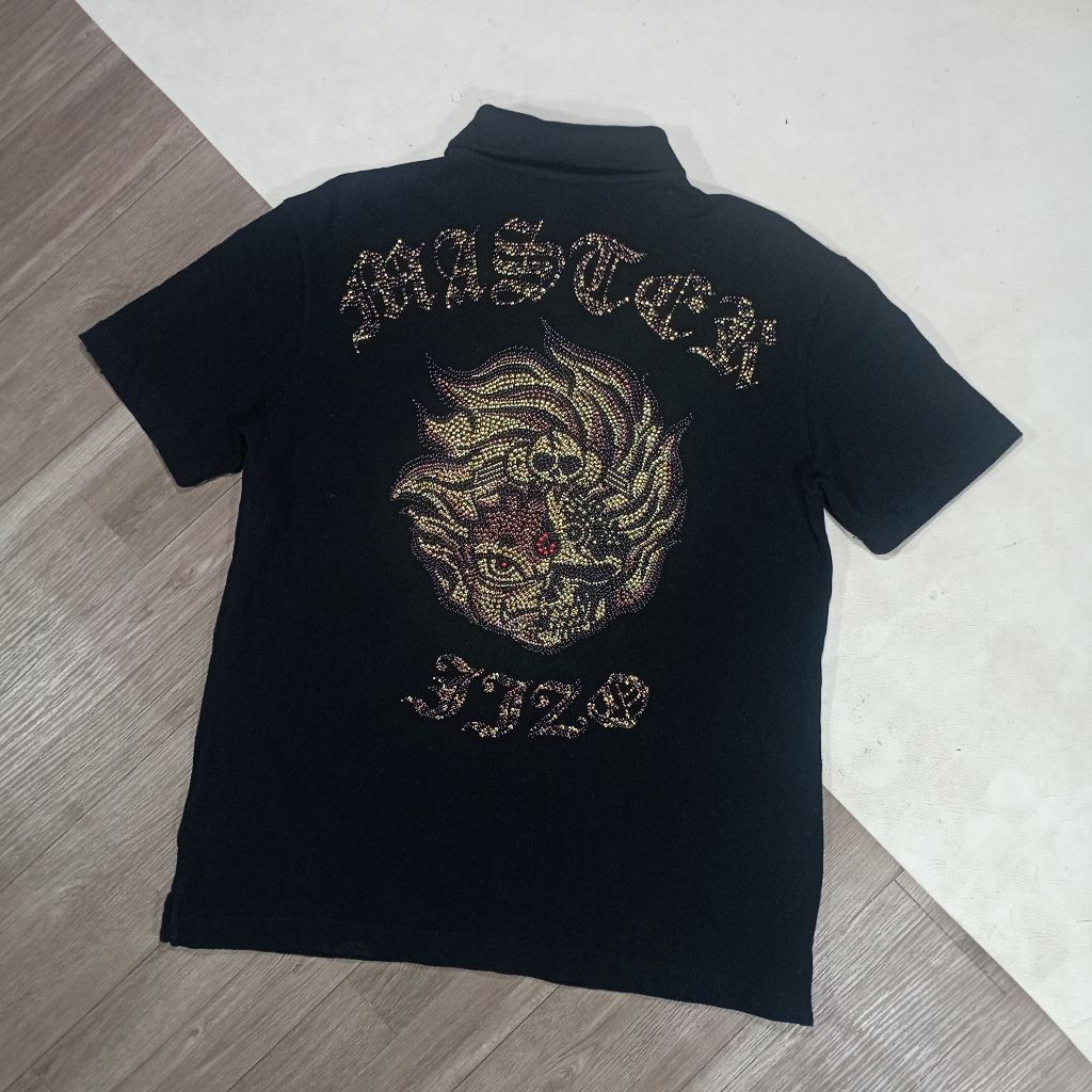 Kaos kerah polo shirt Jizo Bosatsu X Nippon Blue rhinestone  japanese