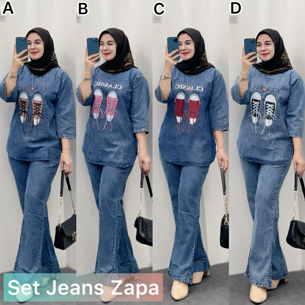 setelan jeans wanita hijab dan non hijab | zapa set jeans