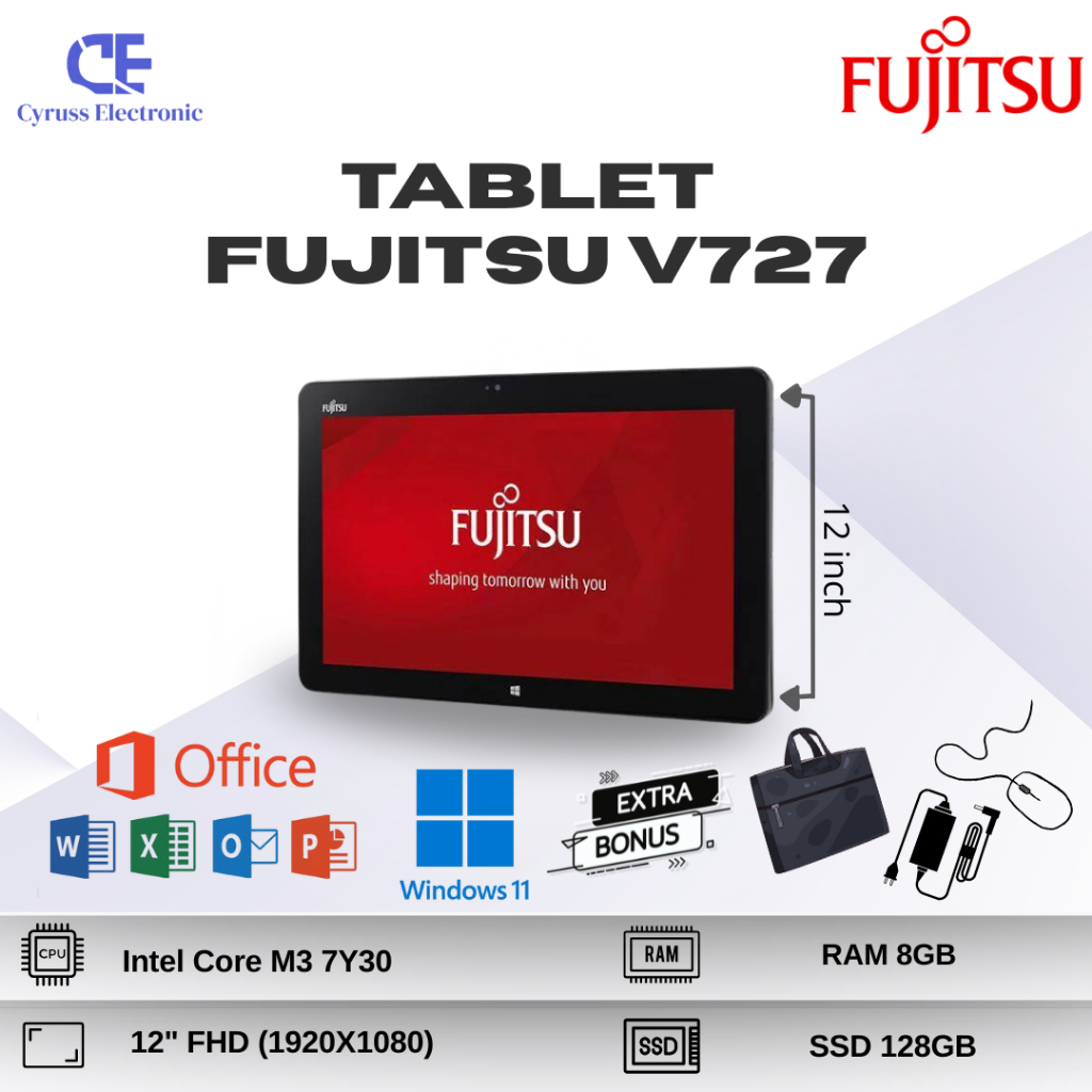 Laptop Tablet Windows Fujitsu V727V Intel Core M3-7Y30 RAM 8GB SSD 128GB Layar 12inch Touchscreen + 