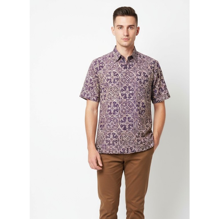Kemeja Baju Batik Pria Lengan Pendek Warna Ungu008
