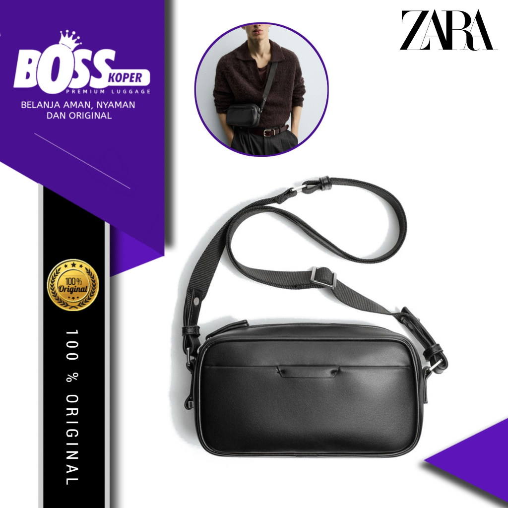 ZARA pria tas crossbody casual selempang daily full black sling bag original