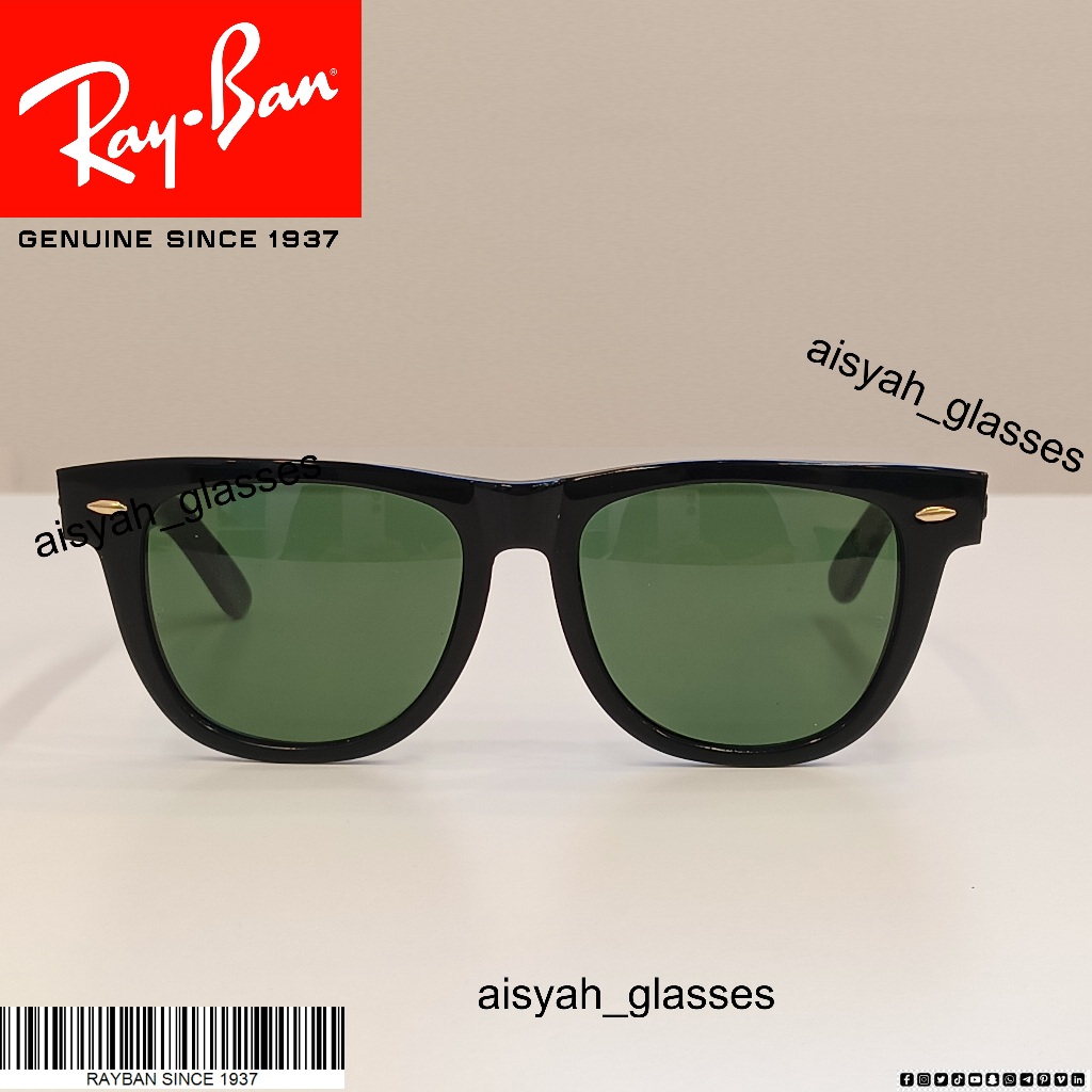 Kacamata Wayfarer BL Bingkai Hitam Kilat, Lensa Hijau Tua 54/18