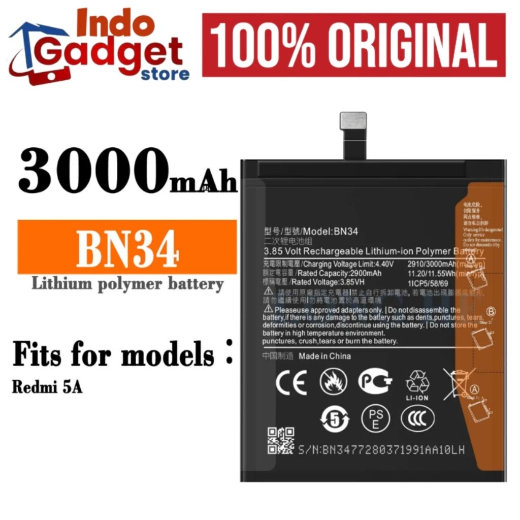 BATERAI BATTERY BATRE BATREI XIAOMI REDMI 5A BN34 ORIGINAL