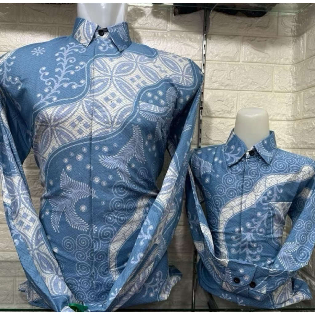 Batik Biru Muda Pria Lengan Panjang Bahan Katun Solo Adem Lapis Furing Kemeja Couple Ayah Anak Atasa