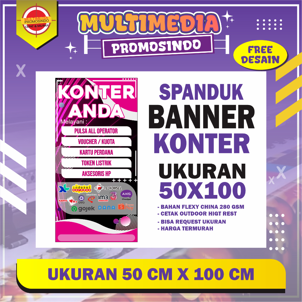 BANNER KONTER1 100X50CM FREE EDIT NAMA KONTER/SPANDUK KONTER/FREE DESAIN/MMT KONTER