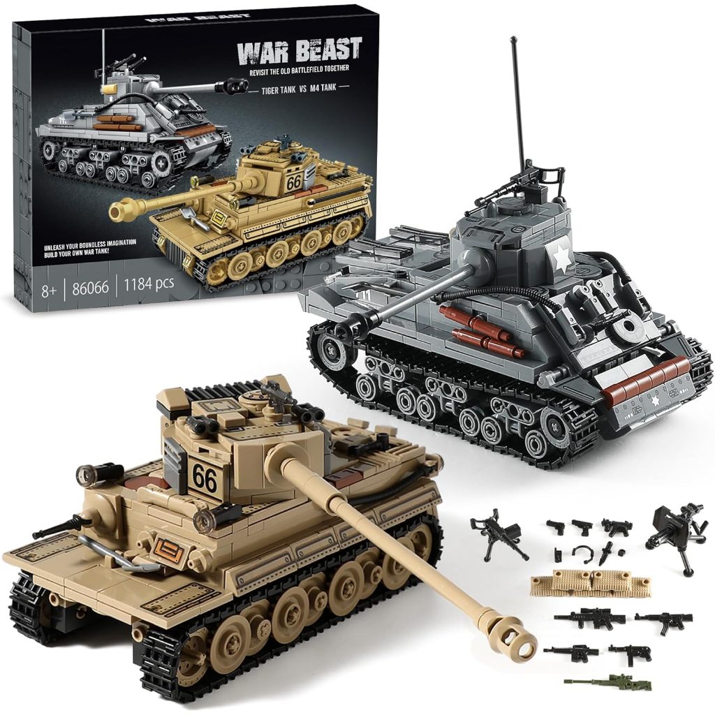 WW2 Army Tank Toys Building Kit Compatible with Lego, Create a German Tiger & an American M4 Sherman