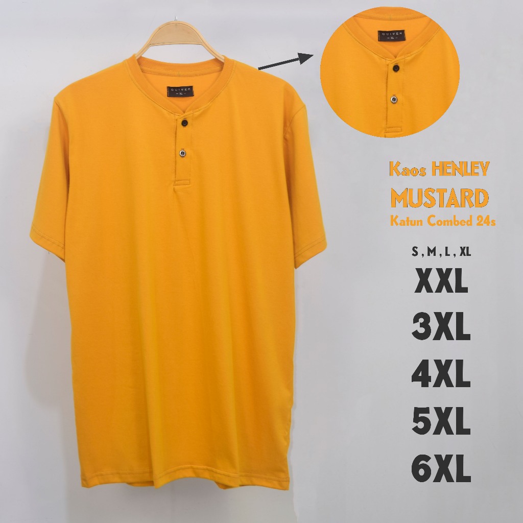 Kaos Polos Henley Kancing Jumbo Pria Mustard 24s Big Size S M L XL XXL 3XL 4XL 5XL 6XL